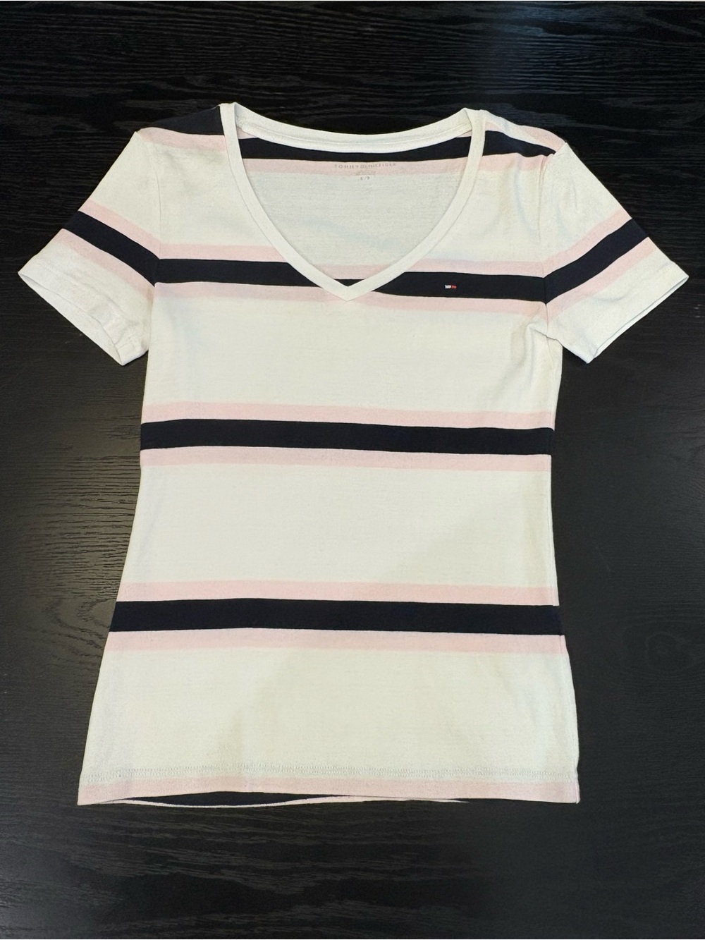 Tommy Hilfiger White Pink and Navy Striped V-Neck Tee